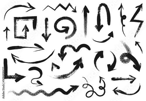 Brush stroke arrows. Hand drawn ink arrow shapes with grunge texture. Curved, wavy, spiral, turn and zigzag directional pointers, graffiti style textured vector set.