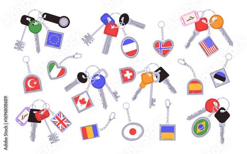 Flag keychains. Key bundles with keyring accessories and framed country and regional flags charms. Patriotic souvenir keychains isolated vector illustration set.