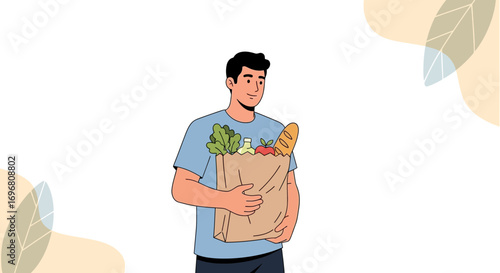 Young Man Grocery Shopping With Fresh Food in a Paper Bag, Lifestyle Concept