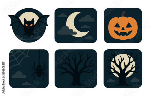 Spooky halloween icons: bat, moon, pumpkin, spider, tree silhouettes