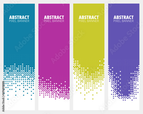 Abstract pixel banner. Vertical halftone gradient with pixelated dissolve effect, digital square mosaic background strips and 8 bit fade transition vector templates set.