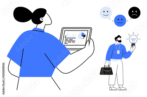 Person analyzing data on a tablet, coworker holding light bulb surrounded by emotions. Ideal for teamwork, innovation, decision-making, feedback, creativity, productivity, communication simple flat
