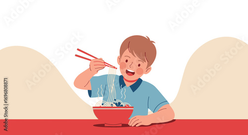 Young Man Joyfully Consuming Noodles With Chopsticks Against A Simple Backdrop