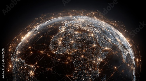 Earth at night with city lights and global connections.