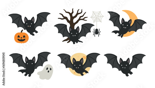 Cute halloween bats and pumpkins with ghosts and spider webs