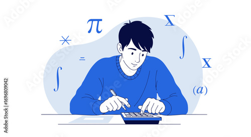 Young Man Solving Math Problems With Calculator In Minimalist Blue and White Illustration