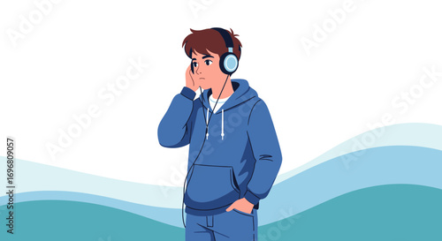 Young Man Sporting Headphones Enjoys Music, Isolated On A White Background In Studio Setup