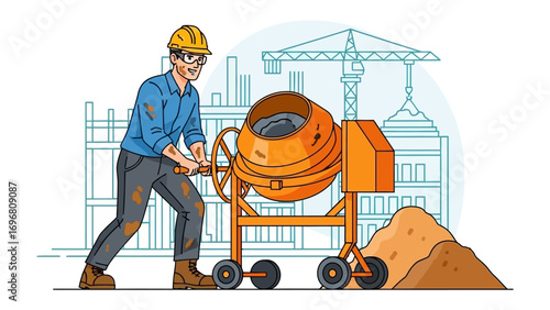 Construction worker with concrete mixer: A construction worker, safely equipped with protective gear, operates a concrete mixer with determined effort against the backdrop of a construction site.