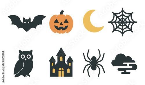 Halloween icons: pumpkin, bat, moon, spider, web, owl, haunted house, cloud