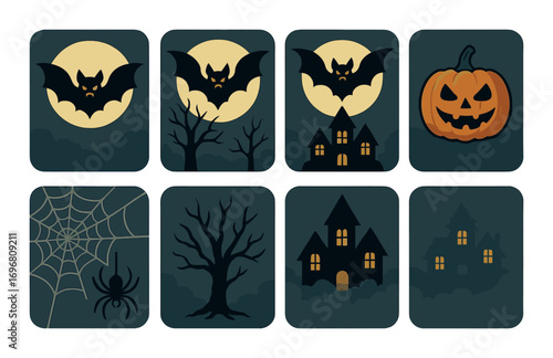 Halloween icon set with bat, pumpkin, spider, haunted houses, and bare trees