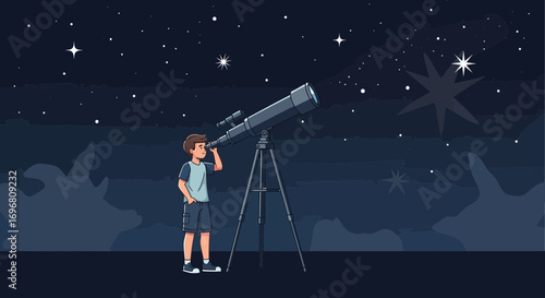 Young Observer Gazing Through a Telescope, Exploring the Cosmos Under a Starry Sky