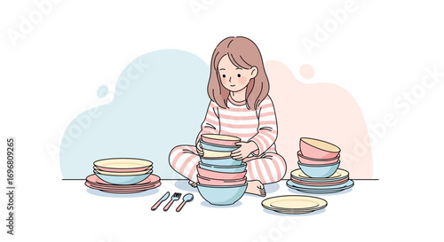 Young Person Arranging Colorful Dishes On Floor Preparing For A Meal Minimalist Illustration