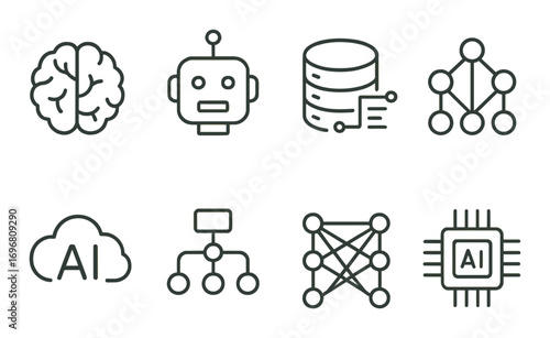 Ai and technology icons: brain, robot, database, neural network, cloud, flowchart, circuit