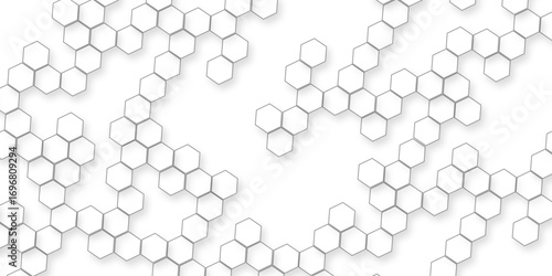 geometric repetition and depth of the hexagonal grid, A pattern of white hexagon shapes arranged subtle shadows that create a three-dimensional, layered effect.