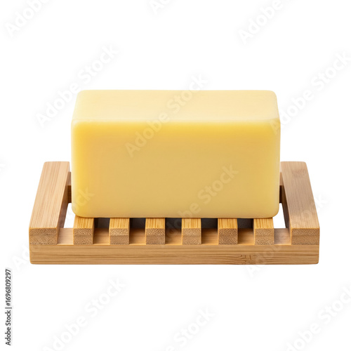 Foto Natural soap bar on a wooden bamboo soap dish