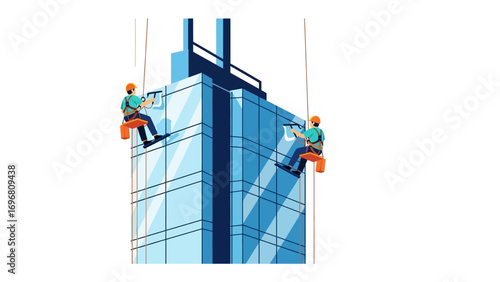 High-rise window washers: Two skilled window washers suspended from ropes, cleaning the exterior of a modern skyscraper, symbolizing hard work and dedication