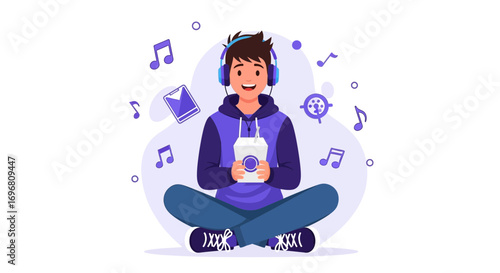 Young Person Enjoying Music Through Headphones with Symbolic Music Notes and Smartphone Icons