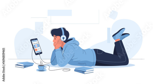 Young Person Enjoys Media At Home While Relaxing With Headphones and Smartphone