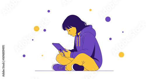 Young Person Focused on Tablet Enjoying Casual Usage in Modern Illustration Style
