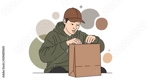 Young Person Inspecting Contents Of Bag Against A Backdrop Of Abstract Circles