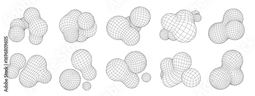 Blob 3D wireframe shapes. Polygonal organic objects, fluid digital sphere clusters mesh forms and futuristic abstract molecular structures. Geometric blobs vector set with editable stroke path.