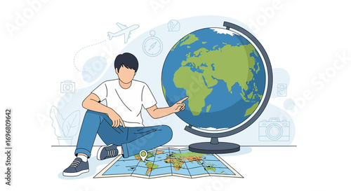 Young Person Planning Adventure Travel Using Globe And Map With A Compass