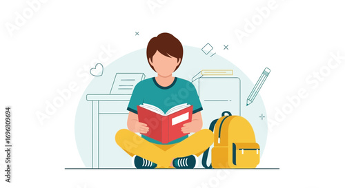 Young Person Reading a Book with School Accessories and Cute Illustrations Style