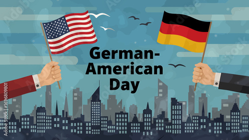 Vector art of germanamerican day celebration with us and german flags waving over city skyline