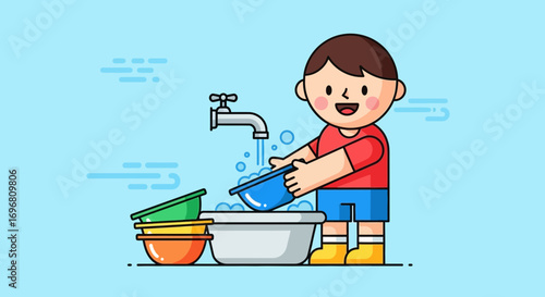Young Person Washing Dishes Cartoon Illustrating Daily Chores With Smiling Face