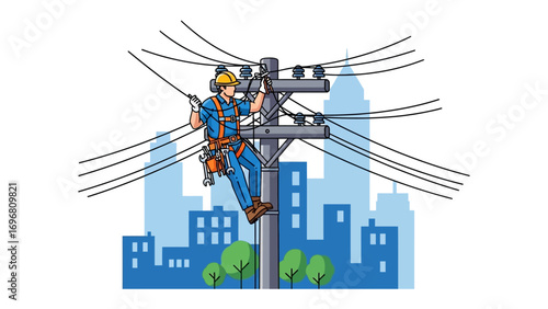 Electrician at Work: A skilled electrician, suspended high above the cityscape, meticulously repairs power lines, showcasing dedication, and expertise in ensuring smooth power supply.