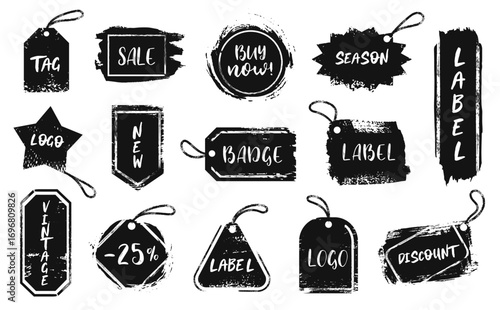 Grunge labels. Vintage tag badges with paint brush stroke texture, price tag frames and price stickers for marketing, branding and marketing promotion designs. Vector template set.