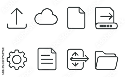 Digital file icons: upload, cloud, document, settings, transfer, folder