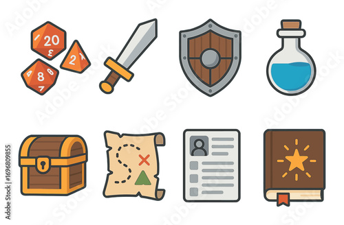 Icons of role-playing games: dice, sword, shield, potion, chest, map, character sheet, book