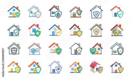 Home Insurance and Property Protection Icons Set – Financial Security, Mortgage Safety, House Fire and Flood Risk, Real Estate Coverage, Banking Security, Business Insurance, Money Protection, Investm