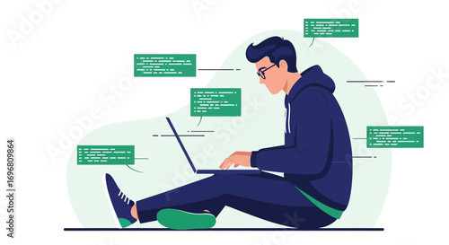 Young Programmer Coding, Focused on Laptop, Creating, Writing, And Developing Digital World