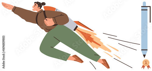 Person wearing a rocket backpack flies forward, symbolizing ambition, progress, and innovation. Ideal for growth, success, creativity, career leadership personal development motivation. Simple