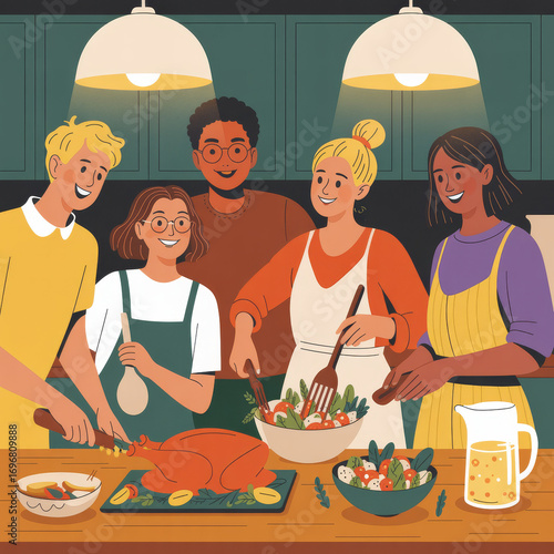 Diverse group of friends or family preparing Thanksgiving dinner together in a brightly lit kitchen enjoying the festive atmosphere and collaborative cooking experience
