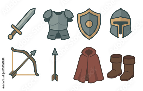 Medieval weapons and armor icons featuring sword, shield, bow, and helmet