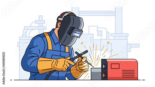 Welder at Work: A skilled welder diligently fuses metal, sparks flying in a controlled environment, showcasing precision and the intensity of the process.