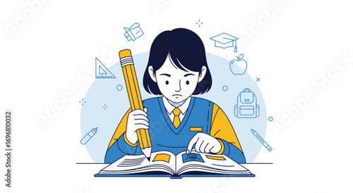Young Scholar Examines Book with Focus, Equipped with a Giant Pencil for Detailed Reading