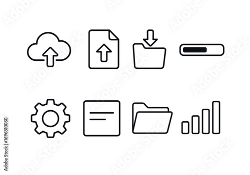 Cloud and file management icons: upload, download, settings, folder, progress, analytics