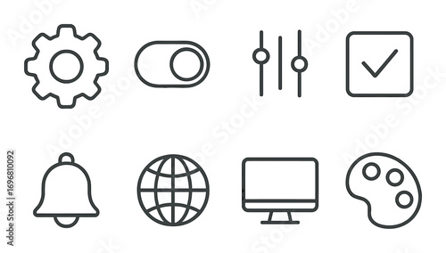 Set of eight gray digital interface icons with gear, toggle, globe, and palette