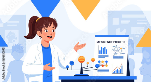 Young Scientist Presenting Solar System Model And Project With Charts And Diagrams