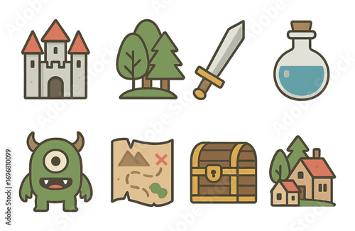 Fantasy adventure icons: castle, forest, sword, potion, monster, map, treasure, houses