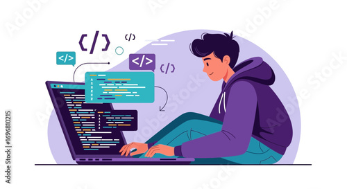 Young Software Engineer Coding Programming On a Laptop With Creative Digital Interface