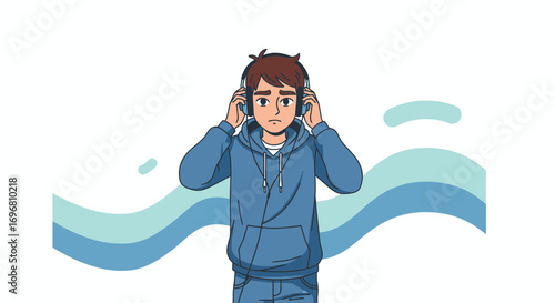 Young Stressed Male Listening Music with Headphones and Blue Hoodie on White Background