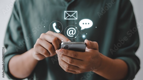 Contact Us concept, Smartphone virtual icons for email, phone, address, and live chat assistance to support digital customer services, Digital business contact service, Online support.