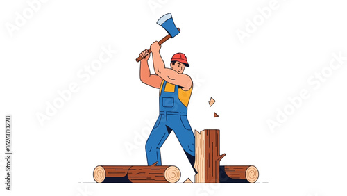 Strength in the Lumberyard: An illustrated depiction of a worker effortlessly splitting logs with a sharp axe, showcasing power and skill.
