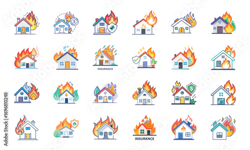 Home Insurance and Property Protection Icons Set – Financial Security, Mortgage Safety, House Fire and Flood Risk, Real Estate Coverage, Banking Security, Business Insurance, Money Protection, Investm