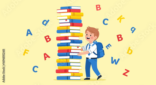 Young Student Carrying Piled Books Alongside Floating Alphabet Symbols Representing Learning